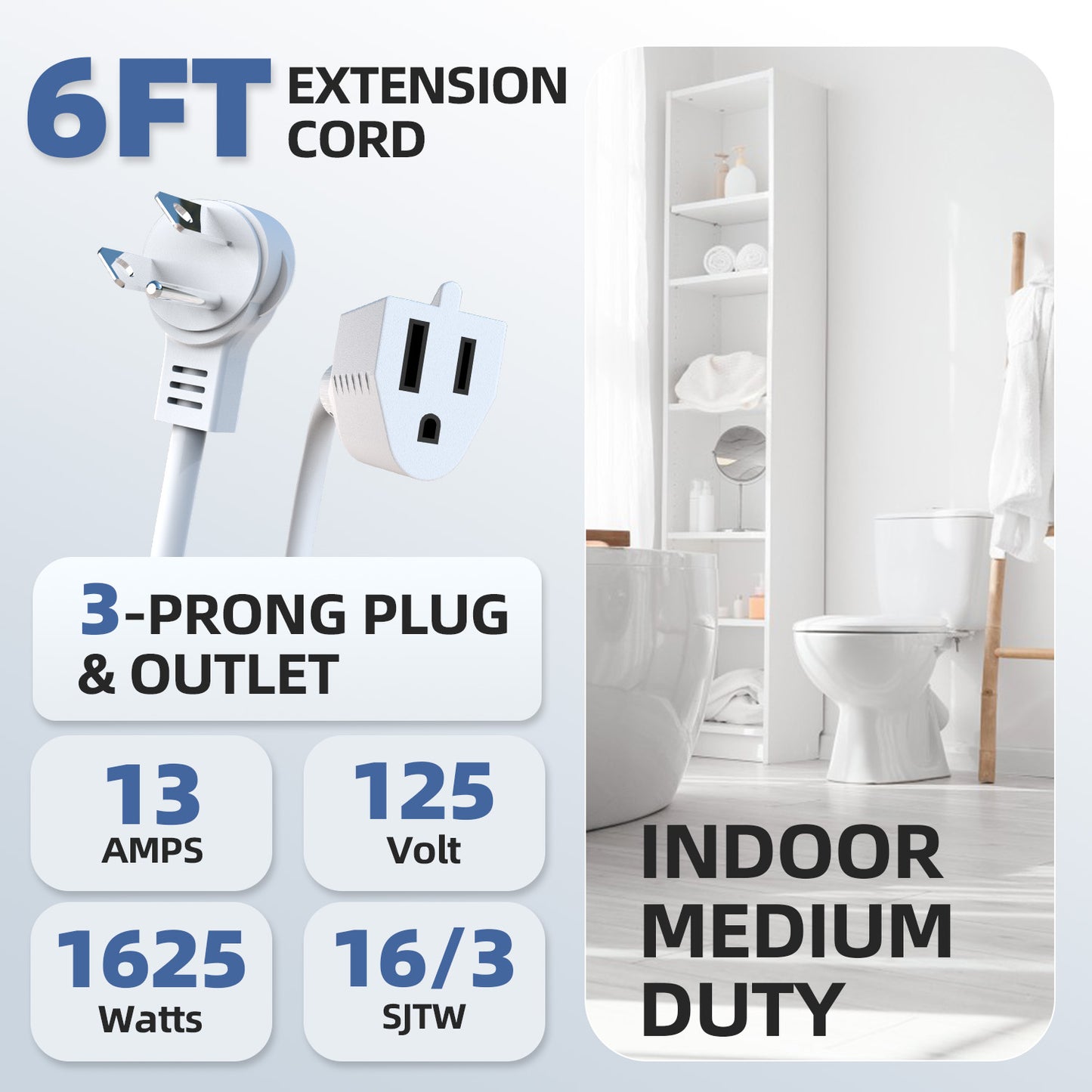 6FT Flat Plug Extension Cord, 16A 1875W, 3-Prong Low Profile Heavy Duty Power Cable, Indoor Use, White