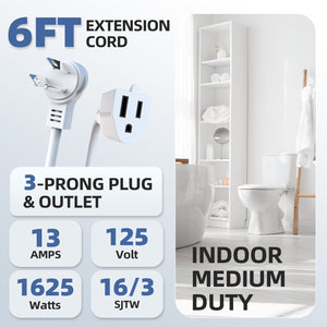 6FT Flat Plug Extension Cord, 16A 1875W, 3-Prong Low Profile Heavy Duty Power Cable, Indoor Use, White