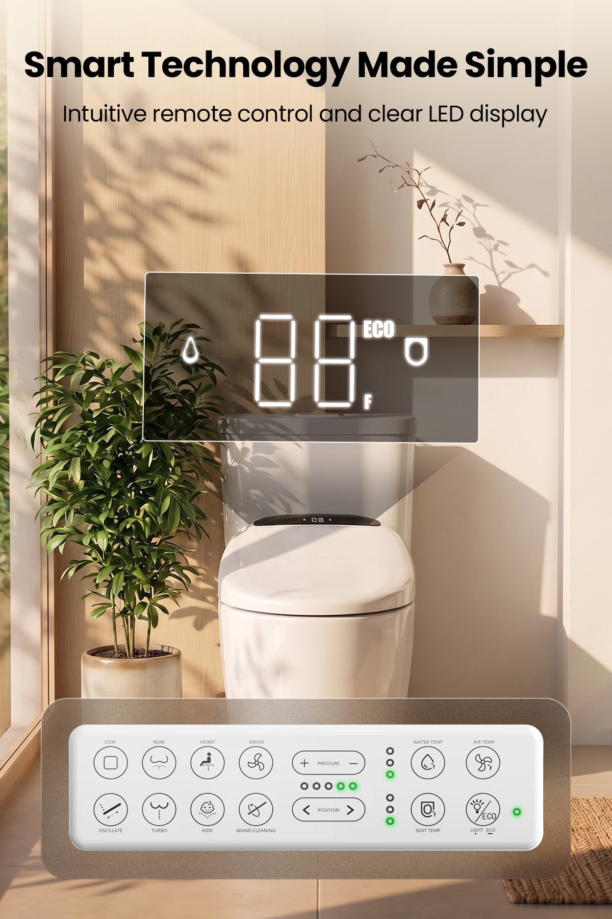 Tadashi Elongated Toilet Seat Bidet, Smart Electric Bidet with Remote Control, Bidets Attachment with Dryer, Warm Water Cleaning and Heated Seat