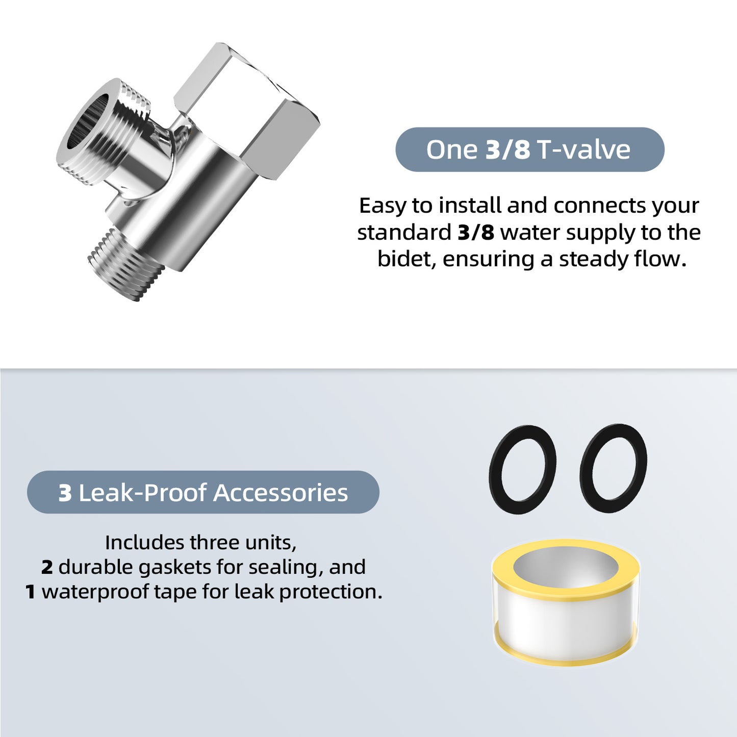 Bidet T-Valve Adapter, 3/8 x 3/8 x 1/2 Inch T-Fitting with Water Valve & 3/8 Inch Hose for Bidet