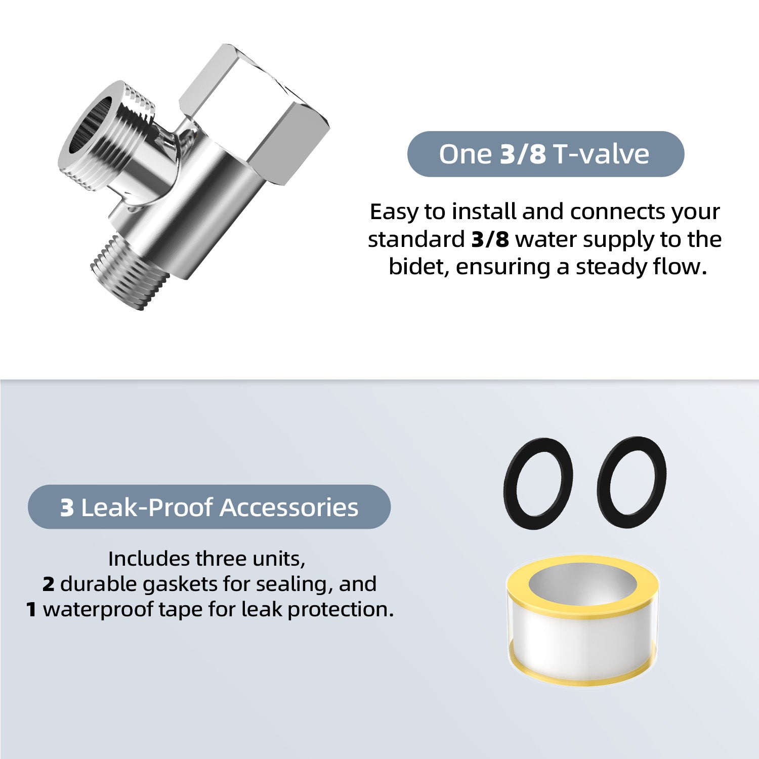 Bidet T-Valve Adapter, 3/8 x 3/8 x 1/2 Inch T-Fitting with Water Valve & 3/8 Inch Hose for Bidet